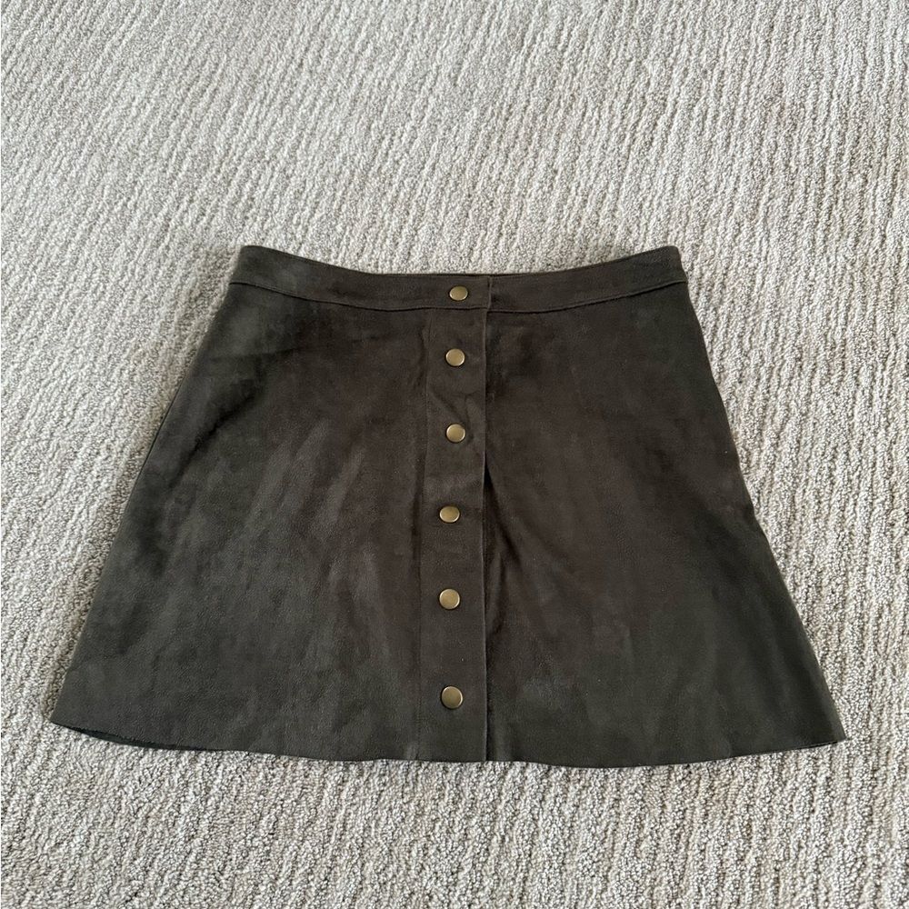 Olive Green Suede Flare Skirt with Gold Buttons